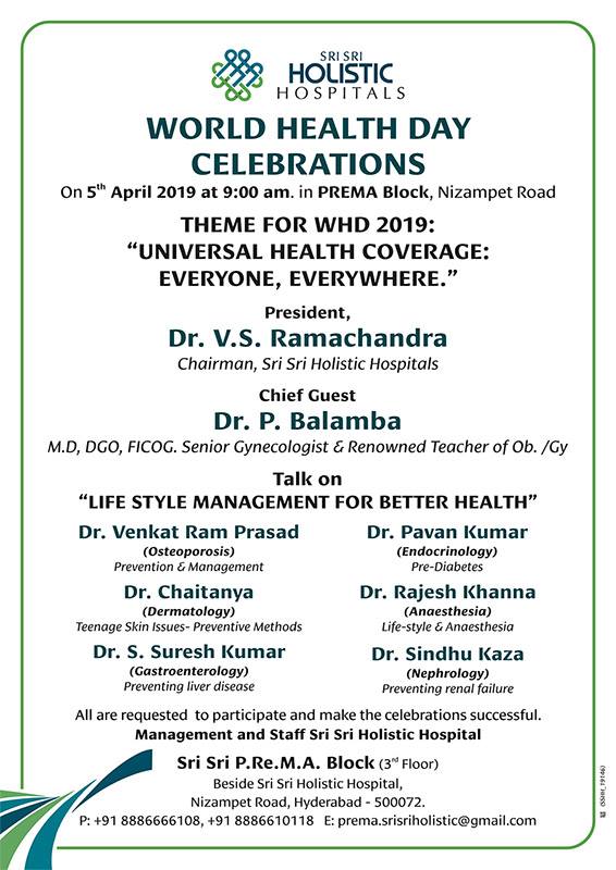 Chief guest Dr.P.Balamba lightning the ceremonial lamp at the world health Day celebrations held at Sri Sri Holistic Hospitals Prema Block on 5th April 2019.